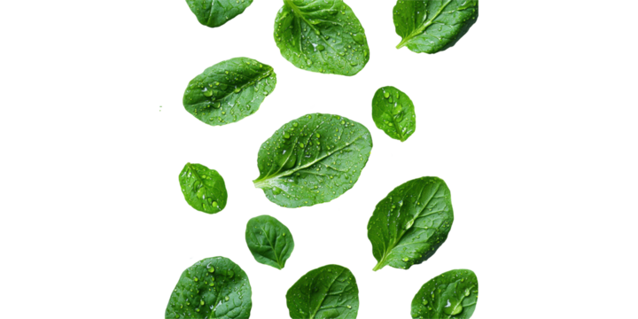 Fresh Spinach Leaves With Water Droplets. Healthy Eating And Nutrition Concept Isolated On Transparent Background