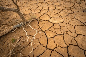 Dry Soil Reveals Cracks in the Earth Beneath a Barren Tree in the Sun