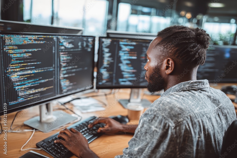 Poster young african male programmer focused on coding at his workspace with multiple monitors in a modern 