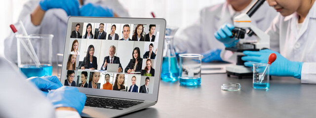 Business people on video conference for brisk virtual group meeting of corprate business office...