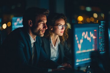Business professionals analyzing stock market trends at night with computers displaying financial data and graphics