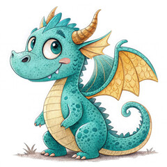 A happy little dragon with bright turquoise scales, tiny golden wings, and a curly tail. It has a round belly, short stubby arms, and a wide, toothy grin. The dragon's eyes are large and shiny