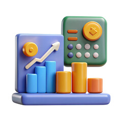 3d financial growth chart and calculator isolated on transparent background