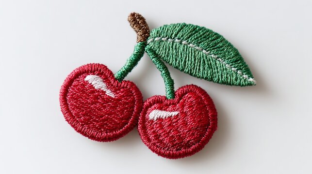 Embroidered cherries: A delightful, handcrafted touch of sweetness. Detailed stitching brings this classic fruit to life in vibrant red and green hues.