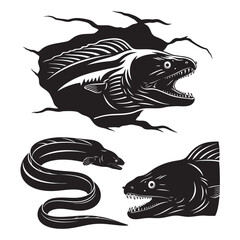 Set of 3 Moray Eel Silhouettes as a Reef Predator Vector Set