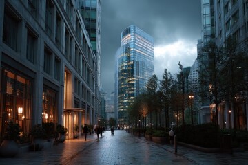 Obraz premium Financial District in Canary Wharf, London bustling with people under overcast skies at dusk with skyscrapers illuminated by city lights