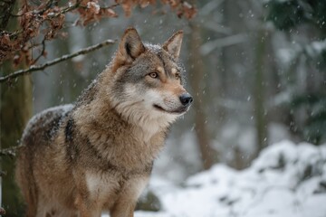 Fototapeta premium Wolf standing in snow-covered forest, showcasing winter beauty in a realistic and detailed portrait
