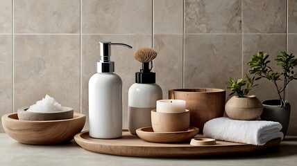 Spa and wellness bathroom with towels soap and beauty products