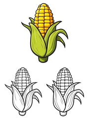 Cartoon Corn on the Cob Illustration with Line Art Variations
