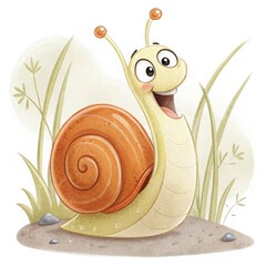 A happy little snail with a bright orange spiral shell and a soft, squishy light yellow body. The snail has two big, friendly eyes on long stalks, looking up with curiosity