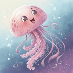 A happy little jellyfish in soft pastel pink with a round, semi-transparent bell-shaped body. Its tentacles are short, wavy, and slightly curled at the ends