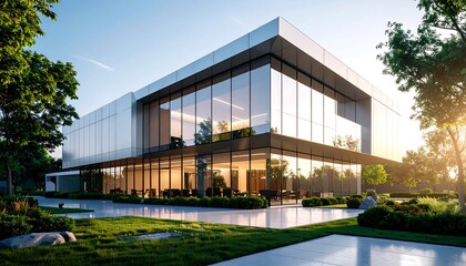 Modern, glass-fronted office building nestled within landscaped grounds, bathed in warm sunlight
