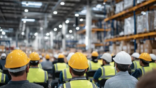 Factory employees attentively participate in a safety training session amidst industrial equipment and shelving.