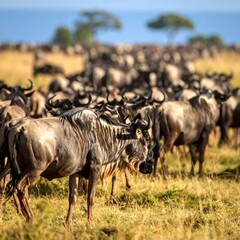 Fototapeta premium Wildebeest migration in savanna