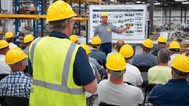 Industrial workers in safety gear attend a warehouse training session focused on safety procedures.