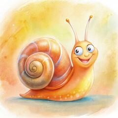 A happy little snail with a bright orange spiral shell and a soft, squishy light yellow body. The snail has two big, friendly eyes on long stalks, looking up with curiosity