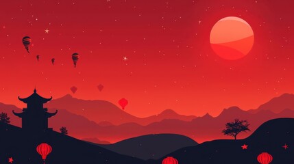 Vietnamese national day celebration with scenic landscape and lanterns. Independence Day of Vietnam. Flat illustartion. Horizontal banner. Copy space