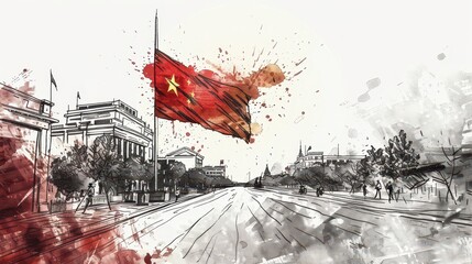Celebrating vietnam national day with artistic flag representation and urban scene. Independence Day of Vietnam. Watercolor illustartion. Horizontal banner. Copy space. Flag of Vietnam