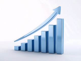 Blue 3D bar graph with an upward arrow representing growth, success, and positive financial or business performance.
