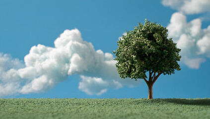 Lone tree standing on grassy hill under bright blue sky with fluffy white clouds, evoking peace and simplicity.