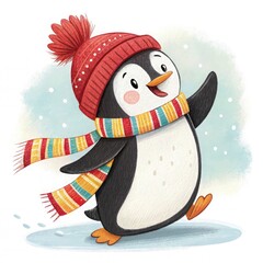 A joyful penguin wearing a colorful striped scarf and a red beanie with a fluffy pom-pom on top. The penguin has shiny black feathers, a round white belly, and tiny orange feet