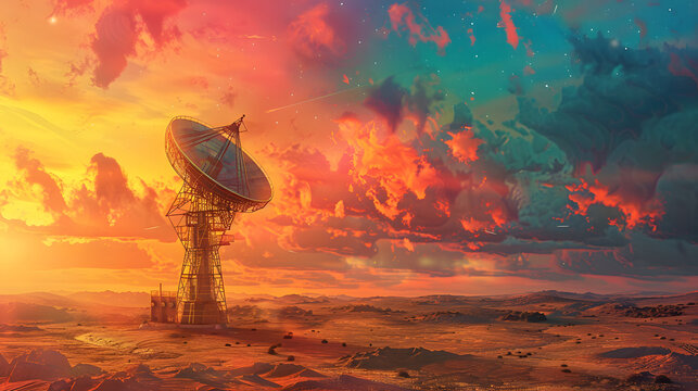 transmitter satallite dish in the desert in the sunrise