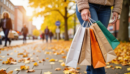 Woman holding shopping bags while walking in autumn city street  