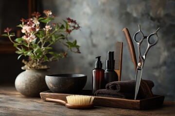 Hairdresser tools arranged on a wooden table in a salon setting with a cozy atmosphere and floral decor