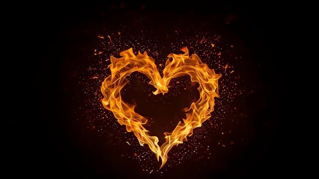 Fiery heart blazes with swirling flames on dark background symbolizing passion. Intense love video evokes desire, romance, strong emotion; perfect for Valentine's Day visuals, romance ads, dramatic pr