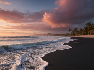 Black Sand Beach With Foamy Ocean Waves At Sunrise