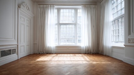 Fototapeta premium A classic and bright interior space featuring a large window with sheer curtains, showcasing a herringbone pattern wood floor and intricate white wall paneling.