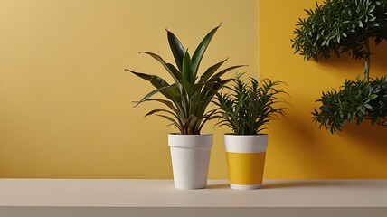 Potted plant on a table near vase in indoor setting