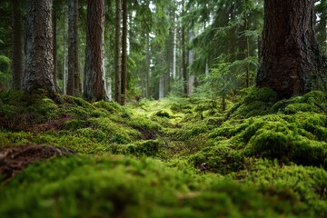 Fototapeta premium Lush green moss blankets the forest floor beneath tall fir trees in a tranquil woodland setting during daylight hours