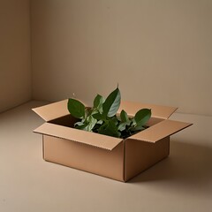 Cardboard box with green plant inside gift package vector icon