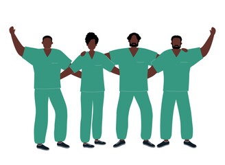 Medical Workers Team Standing Together and Hugging. Black Men and Black Women Wearing Green Medical Scrubs. Friendly Teamwork. Successful Team of Workers. Faceless People. Vector Illustration on White