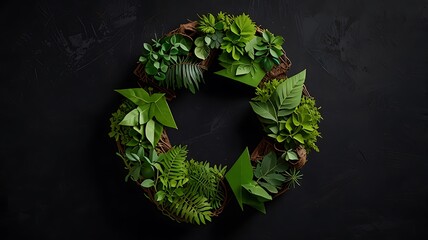 Christmas wreath made of green leaves and flowers isolated on black background