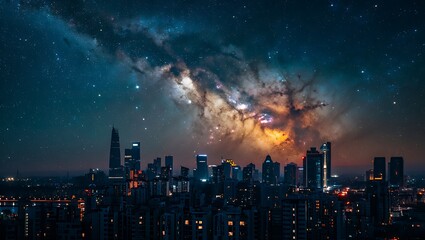 Fototapeta premium Night Cityscape Beneath a Stunning Galaxy Ceiling