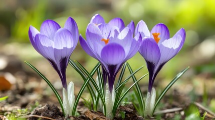 Vibrant Purple Crocus Flowers Blooming in Springtime Garden Scene