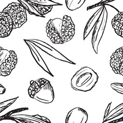 Fototapeta premium Seamless pattern with with lychee fruits in black brush stroke texture isolated on white background. Hand drawn vector sketch illustration in vintage charcoal ink. Package design, Litchi chinensis