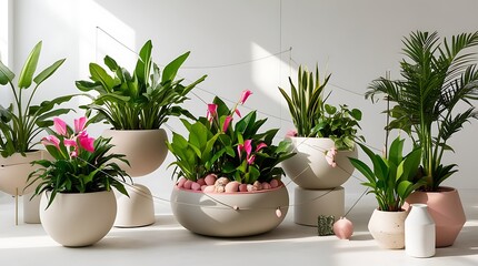 Flowers and plant in decorative pots placed on a table indoors near a window