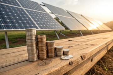 Sunset Over Solar Panels With Stacks of Coins Representing Investment Growth