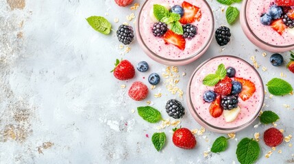 Fresh Berry Smoothie Bowls with Mint and Oats on Light Background