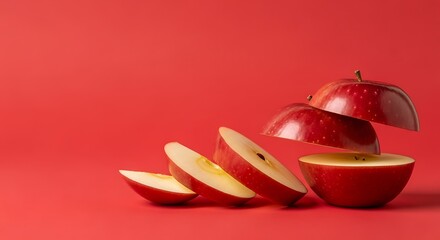 A sliced red apple is arranged in a row on a matching red background, showcasing its freshness