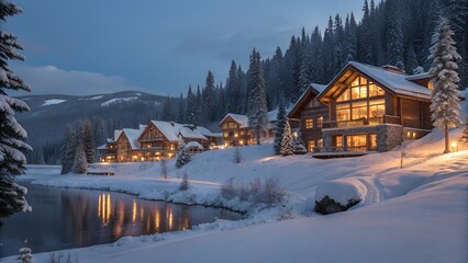 Warm light glows from rustic log cabins nestled in a snowy mountain forest by a tranquil river reflecting lights at evening.