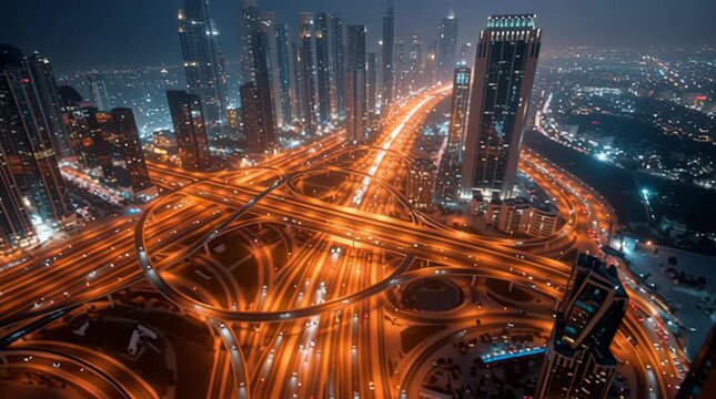 Aerial view of dubai skyline at night with traffic on sheikh zayed road cityscape view