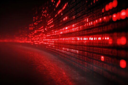 Dynamic cybersecurity concept showcasing a digital landscape filled with flowing binary code in red tones, representing advanced technology and data protection