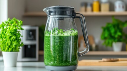 Fresh Green Smoothie in Glass Pitcher on Kitchen Counter