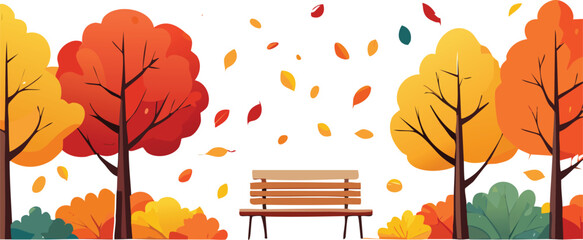 Colorful Autumn Park Scene with Falling Leaves and Bench