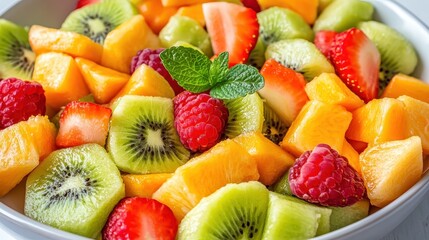 Fresh Mixed Fruit Salad with Kiwi, Melon, Strawberry, and Raspberry