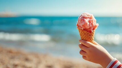 A child's hand holding a strawberry ice cream cone on a beach with ocean in the background scene
